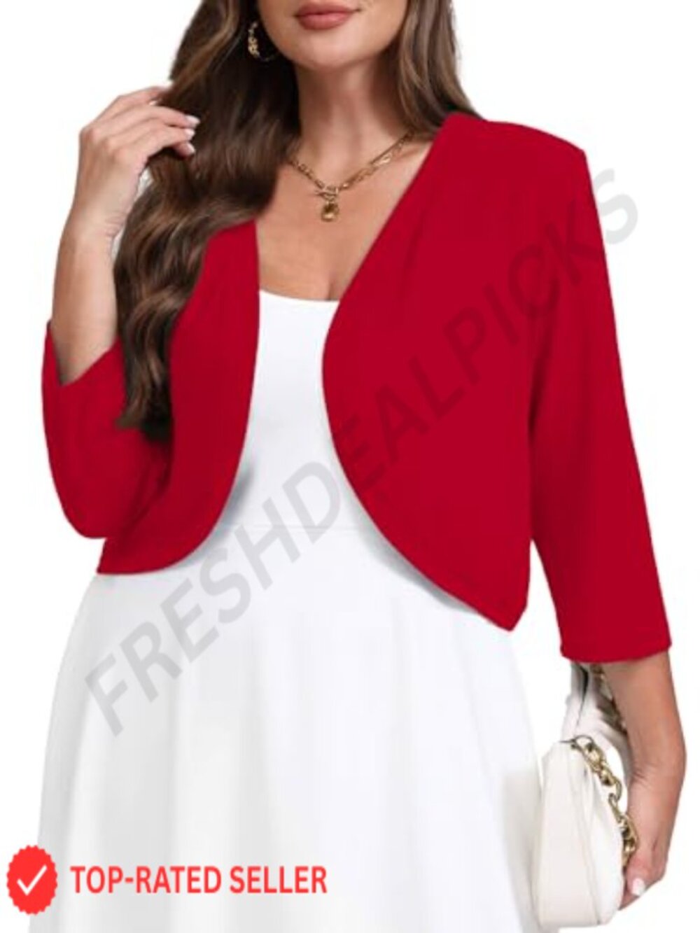Women's Plus Size 3/4 Sleeve Open Front Knit Cropped Bolero Cardigan Sweater